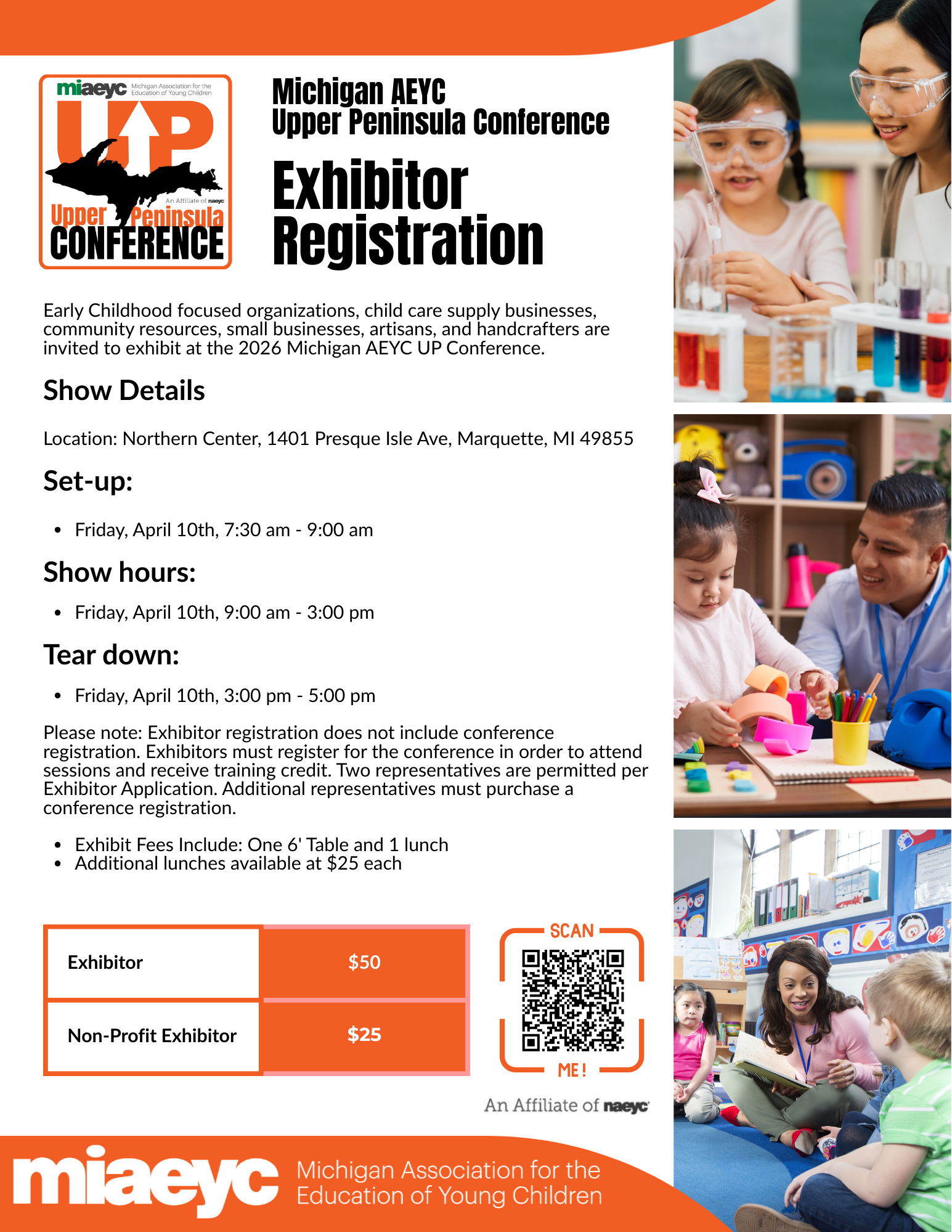 Michigan AEYC Upper Peninsula Conference Learn. Connect. Grow. Save Your Seat for the 2026 Michigan AEYC Upper Peninsula Conference is coming to Marquette on Thursday, April 9, 2026 - Friday, April 10, 2026! Experience: Six hours of engaging professional development SCECH credits available Continental breakfast and lunch included Attendance automatically recorded in MiRegistry Join educators, administrators, and advocates for a day of learning, networking, and inspiration at the Northern Center, NMU! Save your spot today: