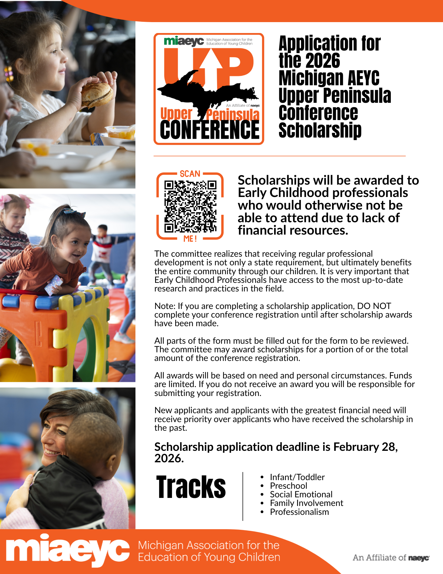The committee realizes that receiving regular professional development is not only a state requirement, but ultimately benefits the entire community through our children. It is very important that Early Childhood Professionals have access to the most up-to-date research and practices in the field. Note: If you are completing a scholarship application, DO NOT complete your conference registration until after scholarship awards have been made. All parts of the form must be filled out for the form to be reviewed. The committee may award scholarships for a portion of or the total amount of the conference registration. All awards will be based on need and personal circumstances. Funds are limited. If you do not receive an award you will be responsible for submitting your registration. New applicants and applicants with the greatest financial need will receive priority over applicants who have received the scholarship in the past. Scholarship application deadline is February 28, 2026.